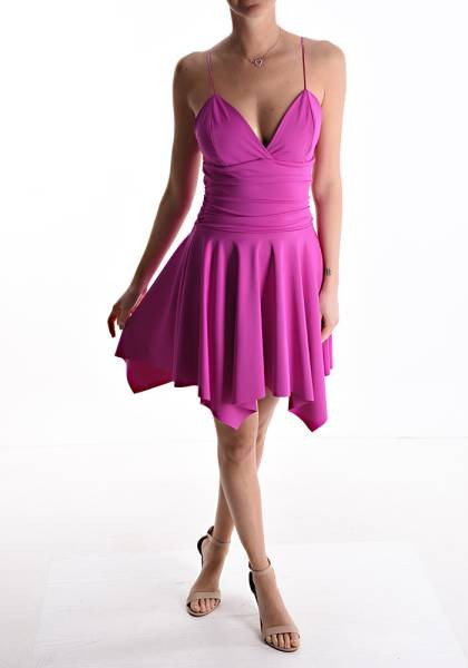 Mini Asymmetrical Sleeveless Dress With V-Neck  - Fuchsia