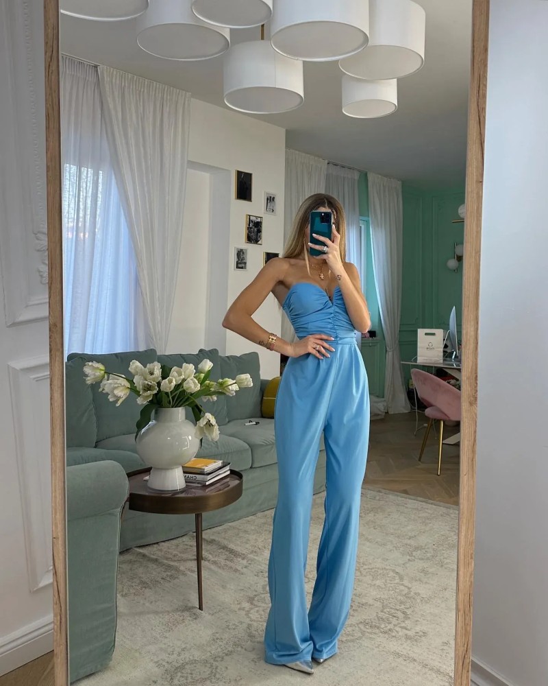 Heart Neckline Jumpsuit - Sky Blue