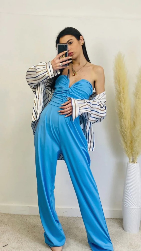 Heart Neckline Jumpsuit - Sky Blue