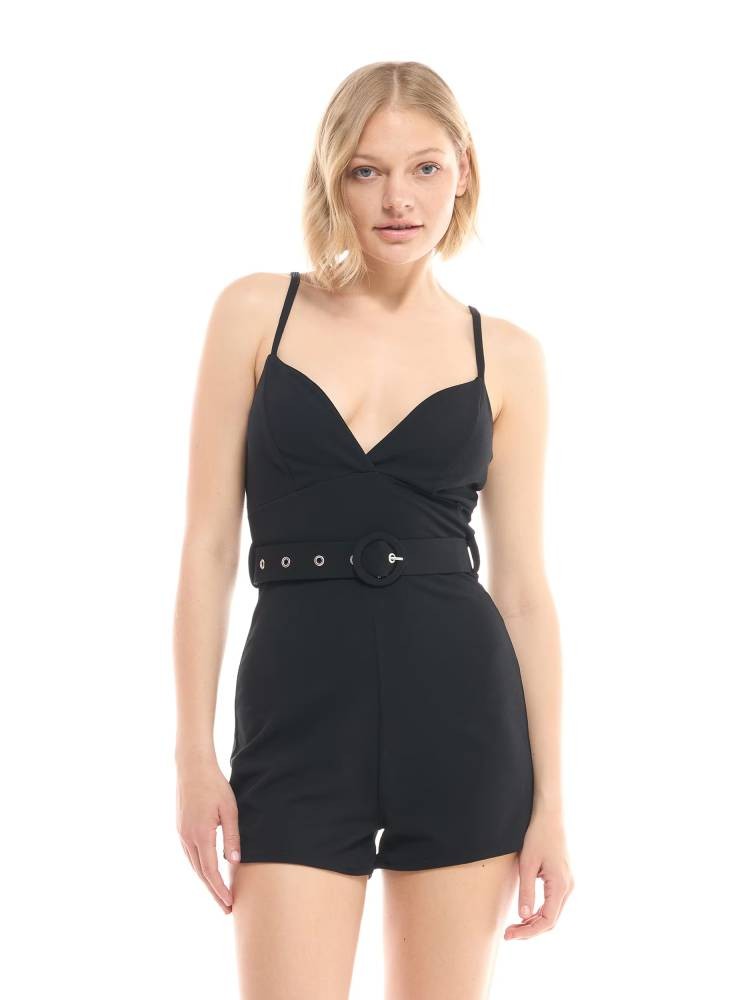 Sleeveless Playsuit with Belt - Black