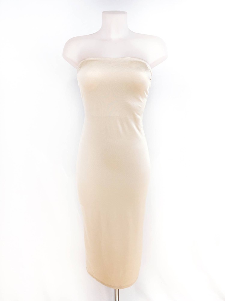 Basic Off Shoulder Tube Midi Dress - Beige