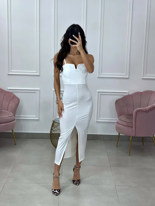 Midi Dress with Front Slit - White