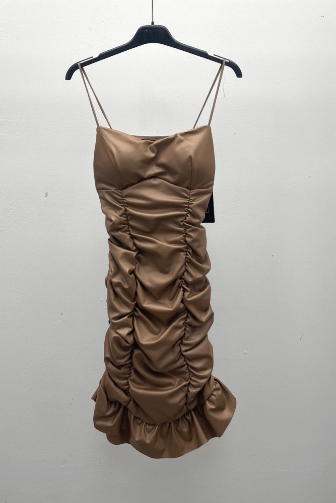 Ruched Leather Dress - Camel