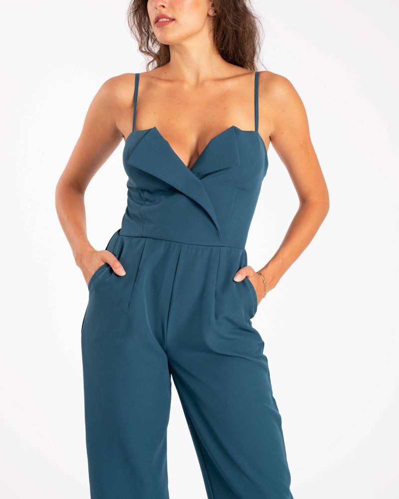 Strappy Back Shirred Long Jumpsuit - Petrol