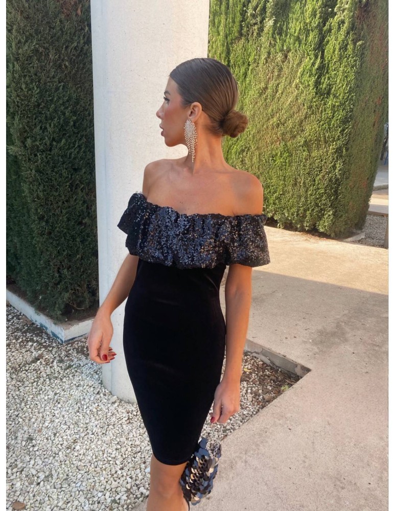 Off Shoulder Sequin Velvet Dress - Black