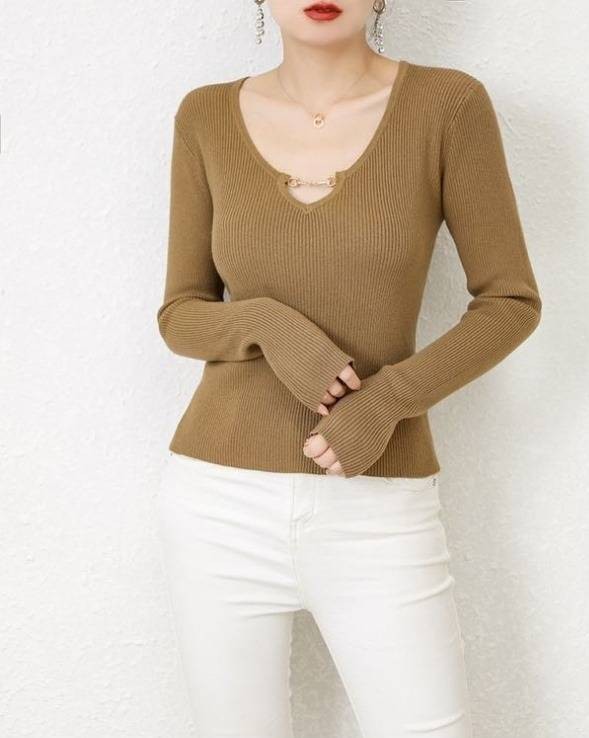 Deep Neck Knit Top - Camel