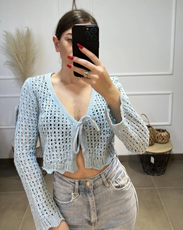 Front Tie Knitted Top - Sky Blue