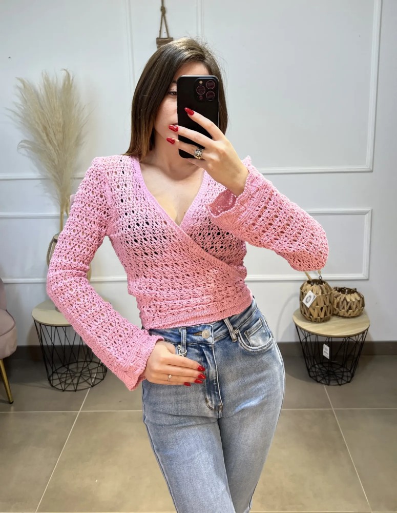 Wrap Over Knit Top - Pink