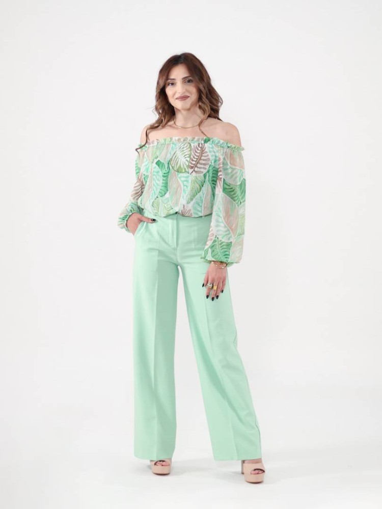 Floral Print Pleated Blouse - Green