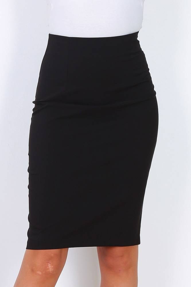High Waist Midi Pencil Skirt - Black