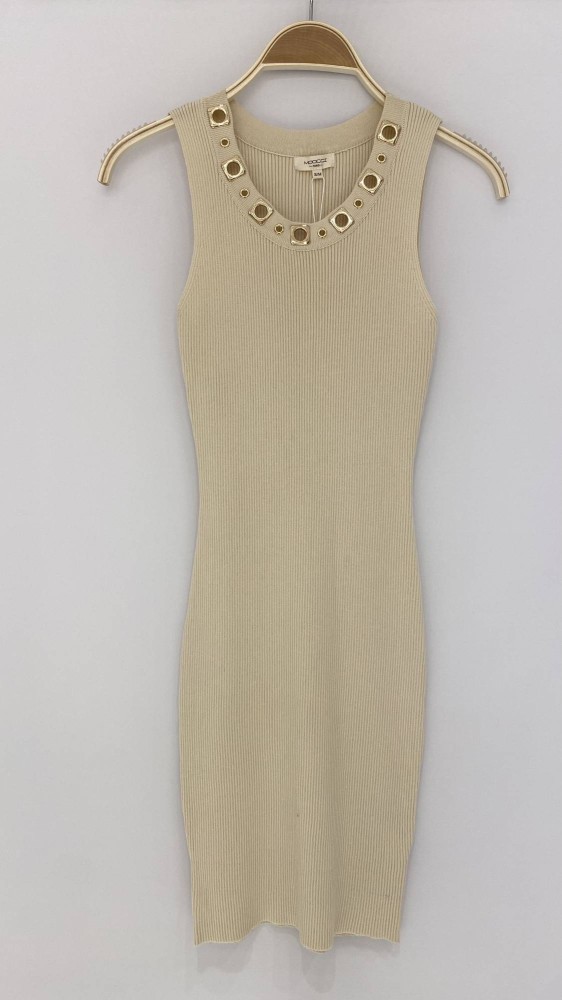 Golden Neckline Ribbed Dress - Beige