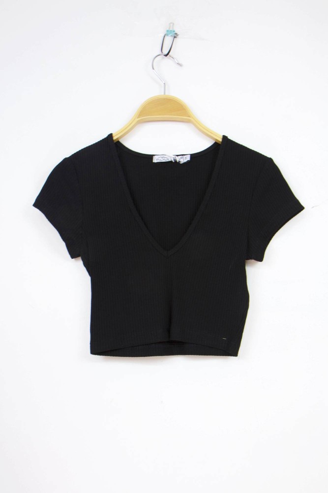 V Neck Crop Top - Black