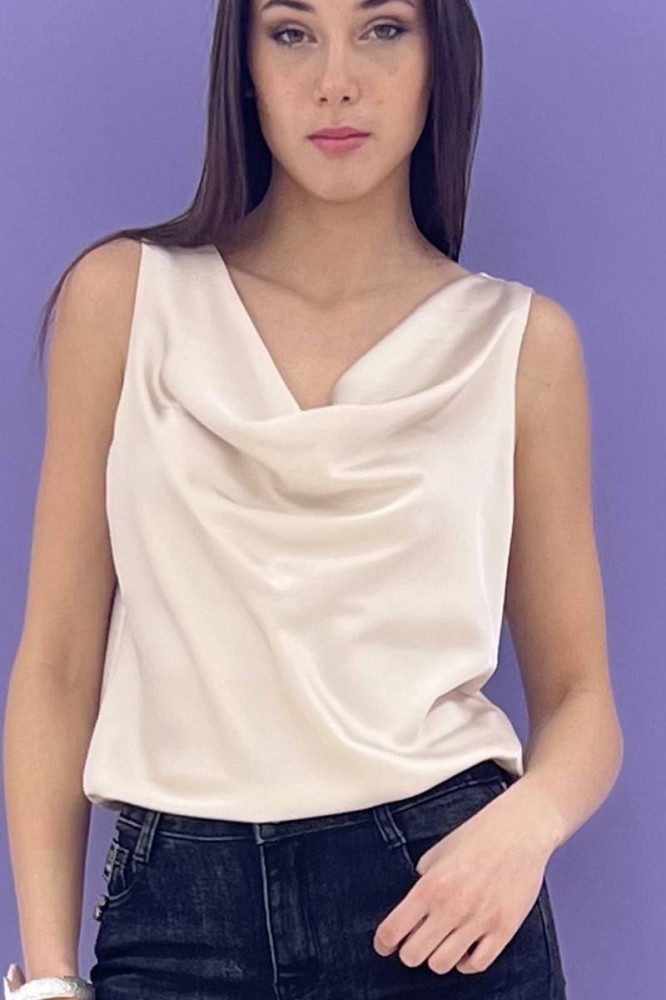 Sleeveless Satin Blouse - Beige