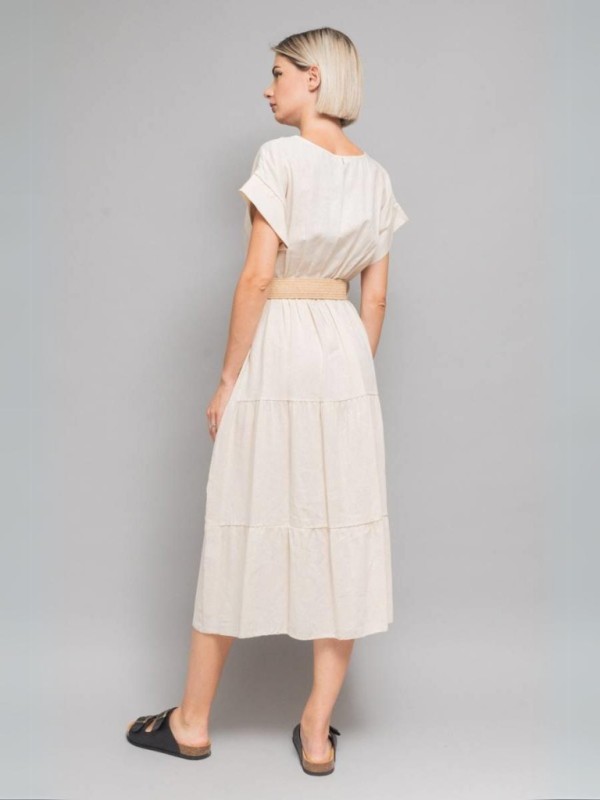 Linen Dress with Belt - Beige
