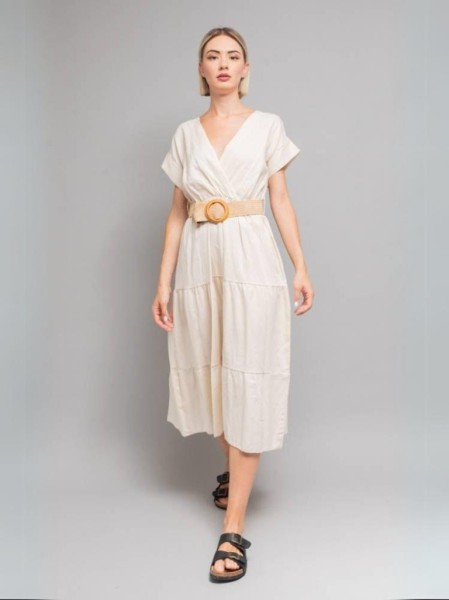 Linen Dress with Belt - Beige