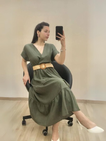 Linen Dress with Belt - Khaki