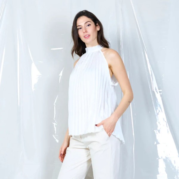 Pleated Bow-Back Blouse - White
