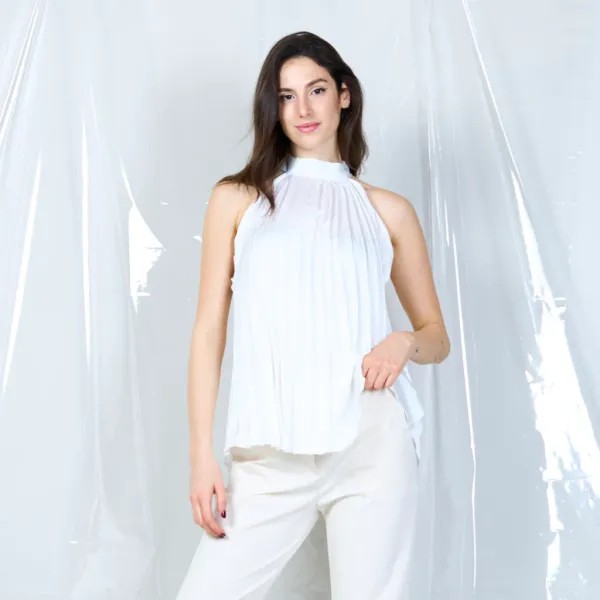 Pleated Bow-Back Blouse - White