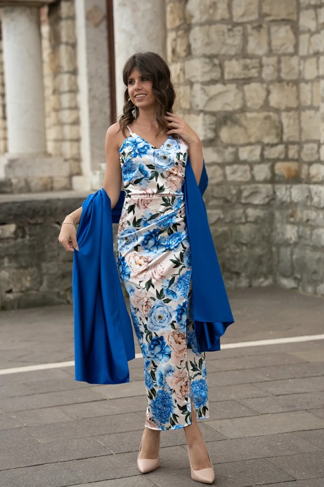 Floral Print Midi Satin Dress - Blue