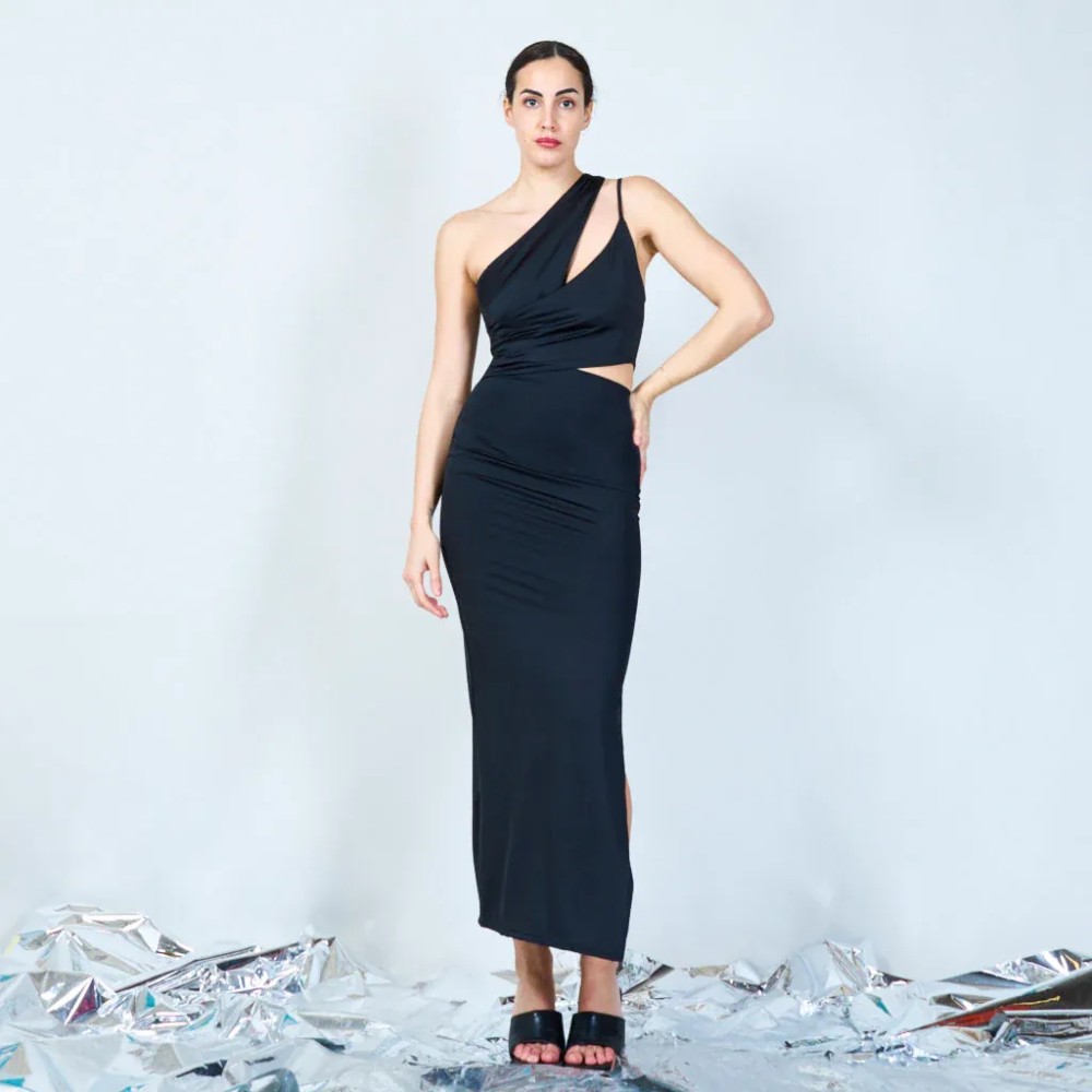 Elegant One-shoulder Satin Long Dress - Black