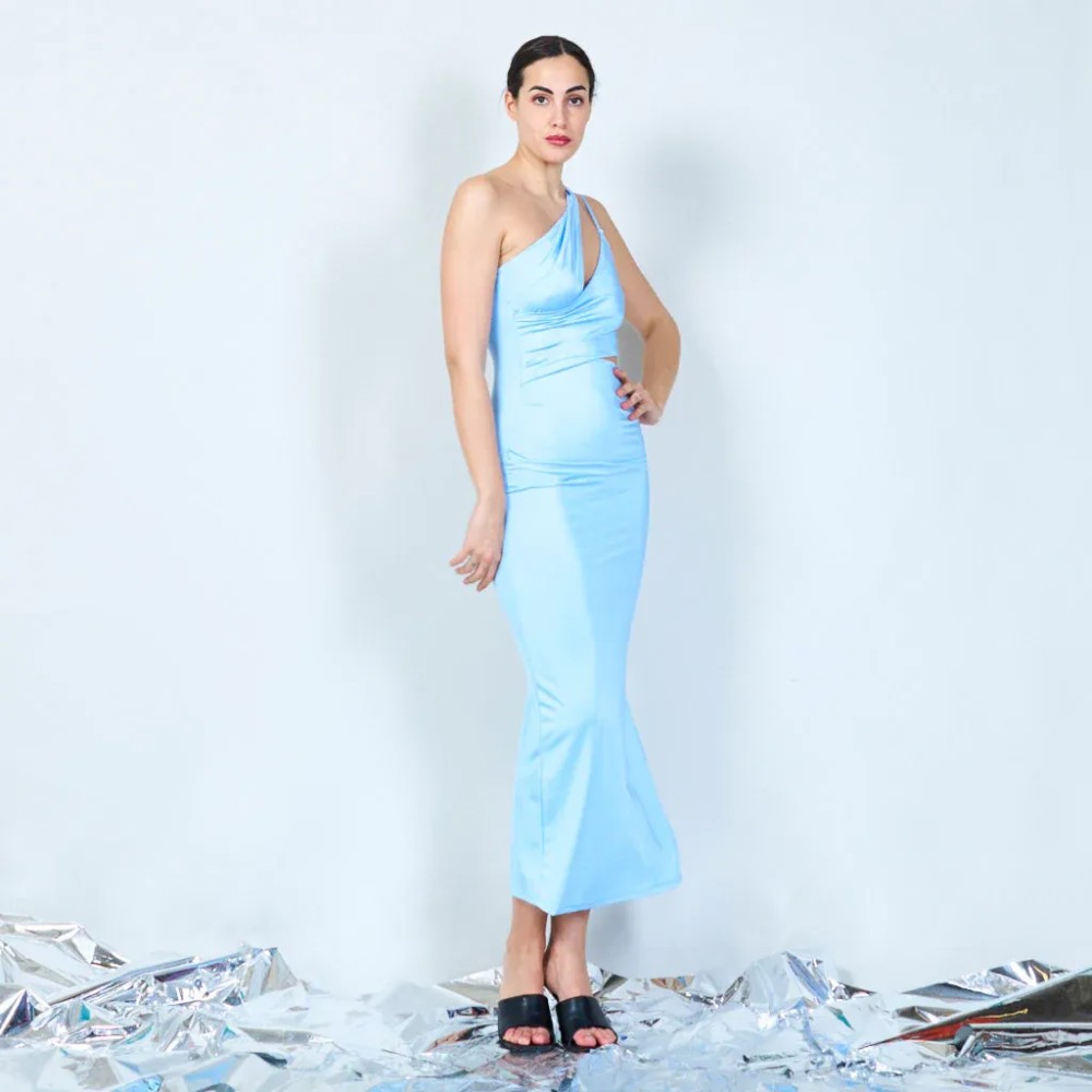 Elegant One-shoulder Satin Long Dress - Sky Blue