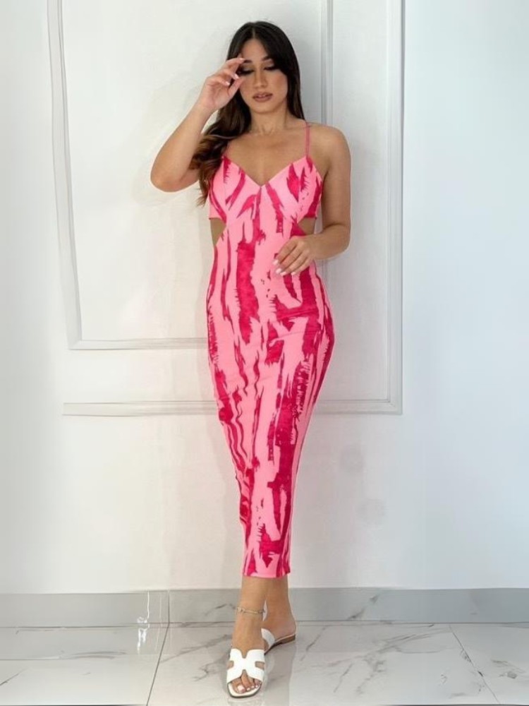 Cross Back Maxi Printed Dress - Fuchsia