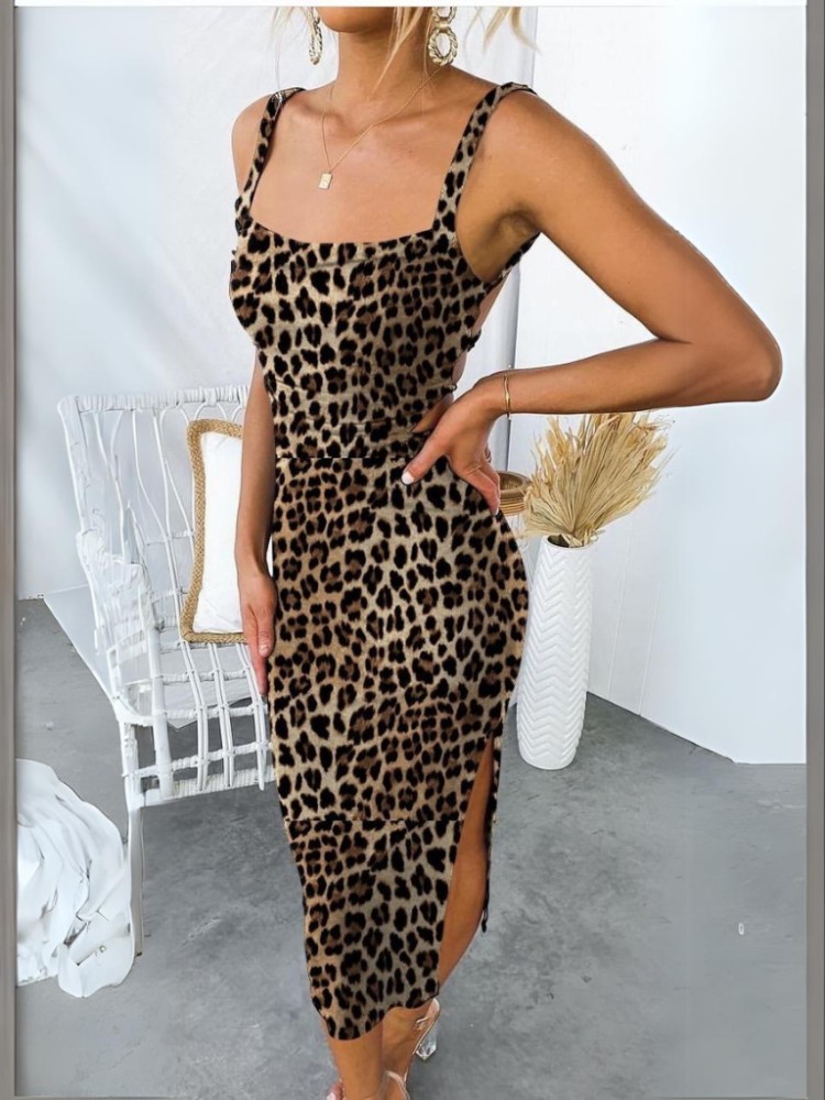 Printed Maxi Dress with Open Back - Leopard