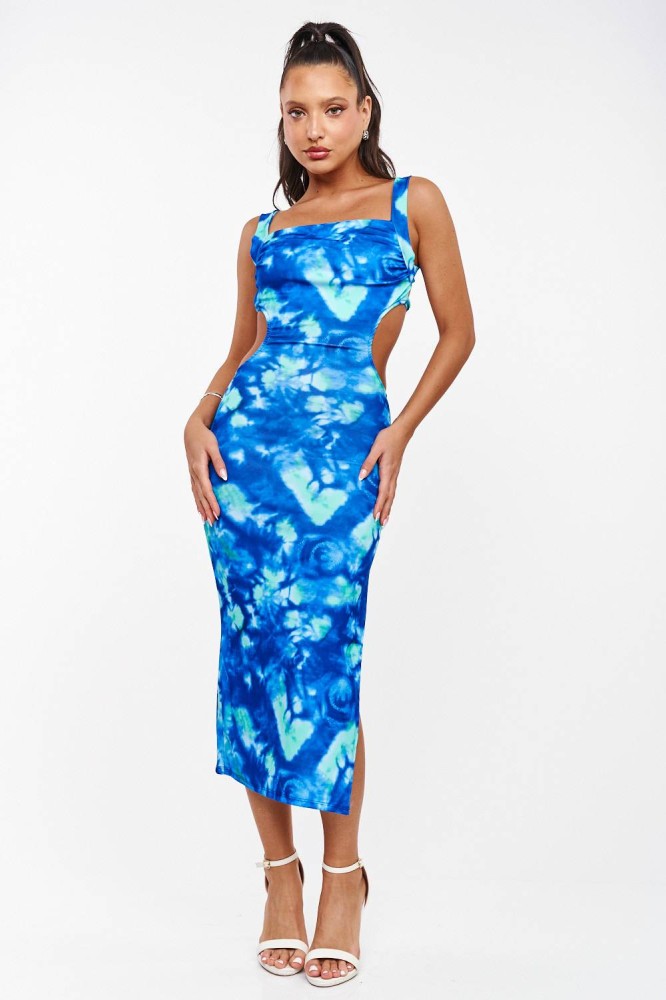 Printed Maxi Dress with Open Back - Royal Blue