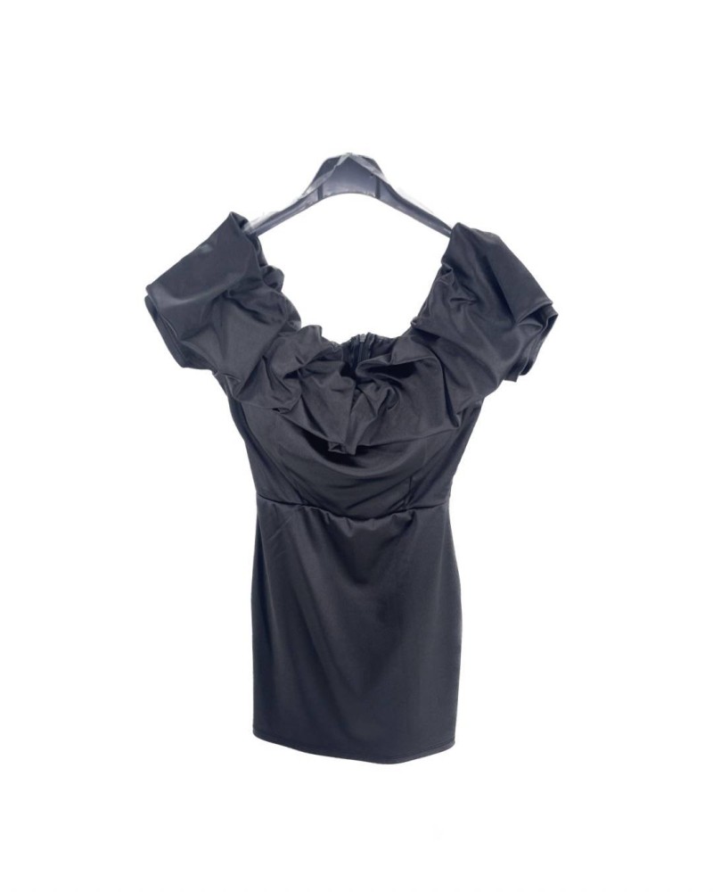 Off Shoulder Frilled Satin Dress - Black