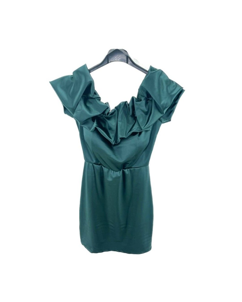 Off Shoulder Frilled Satin Dress - Green