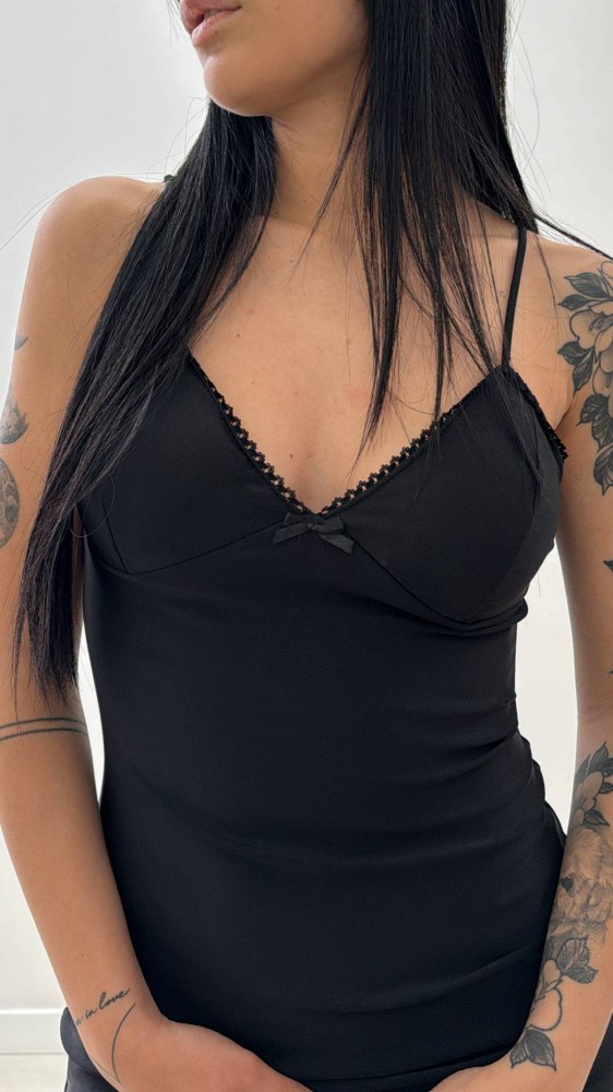 Lace Detail Mini Satin Dress - Black