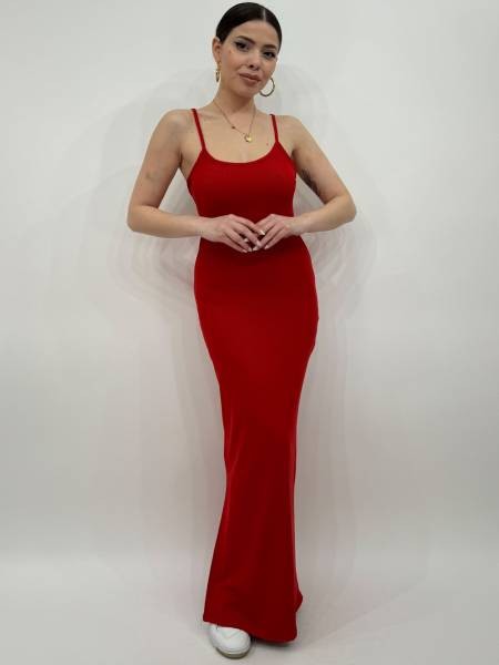 Ribbed Open Back Bodycon Long Dress - Red