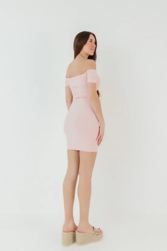 Off Shoulder Ribbed Dress - Pink