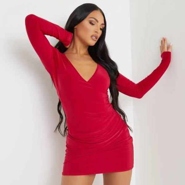 Long Sleeve Plunge Neck Wrap Ruched Dress - Red