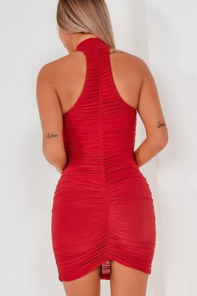 Ruched Halter Neck Dress - Red