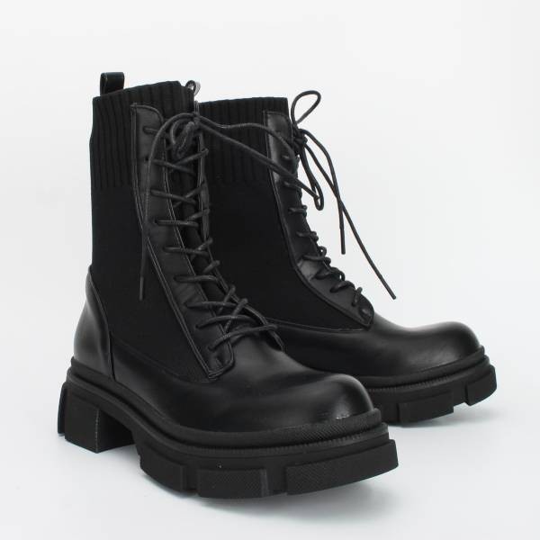 Sock Lace-up Boots - Black