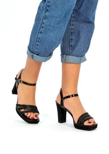Glittery Block Heel Sandals - Black