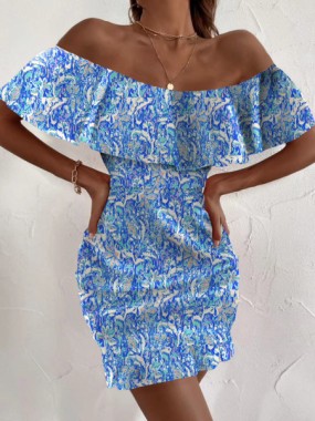 Off Shoulder Printed Dress - Royal Blue