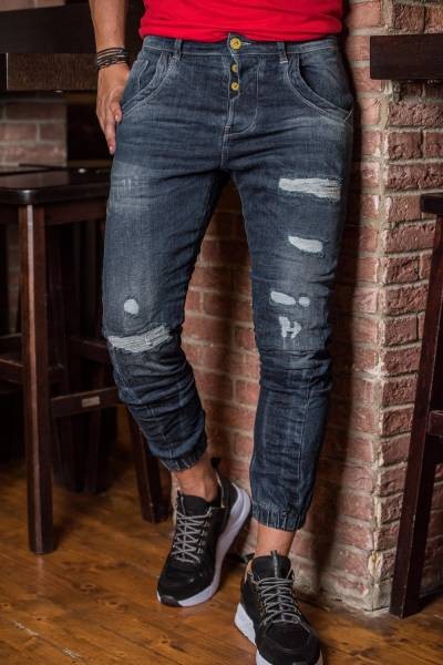 Elastic Finish Ripped Jeans - Blue