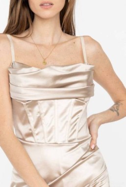 Corset Long Dress with Side Slit - Beige