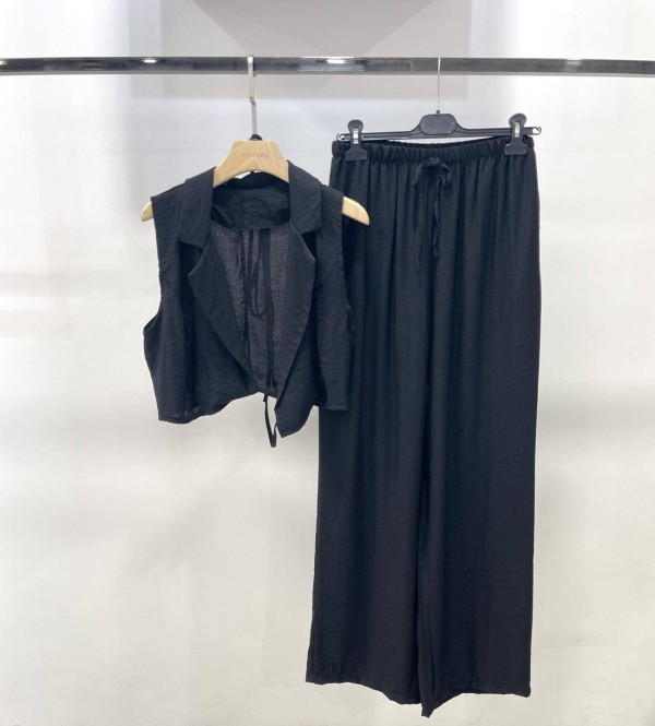 Drawstring Vest and Flowing Viscose Pants Set - Black