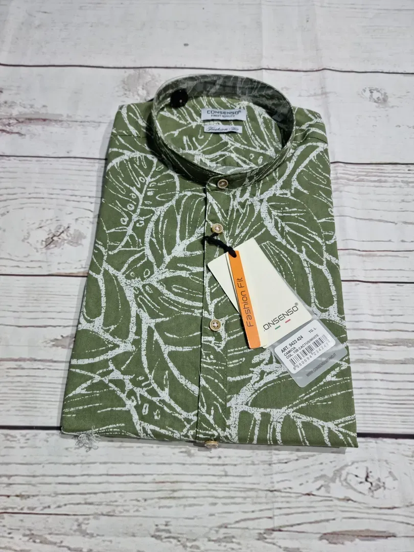 Mao Collar Printed Shirt - Green