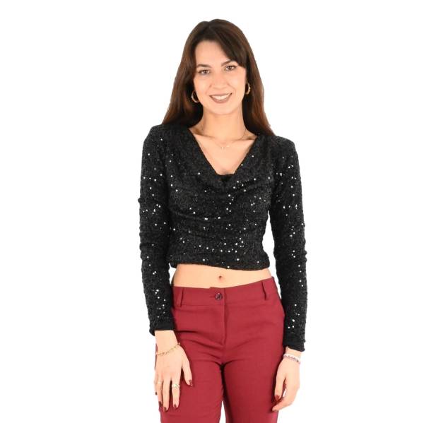 Cowl Neck Sequin Top - Black