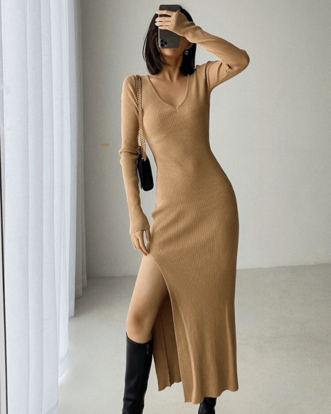 Long Knit Dress - Beige