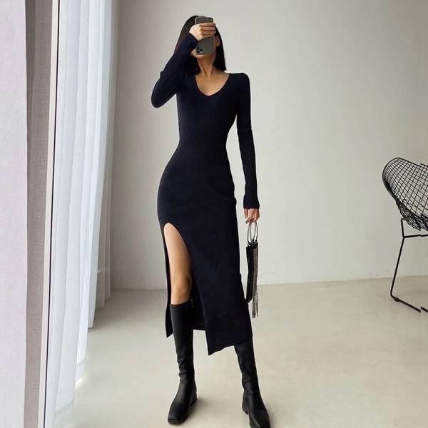 Long Knit Dress - Black