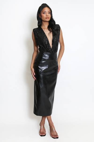 Eco Leather Straight Midi Skirt - Black