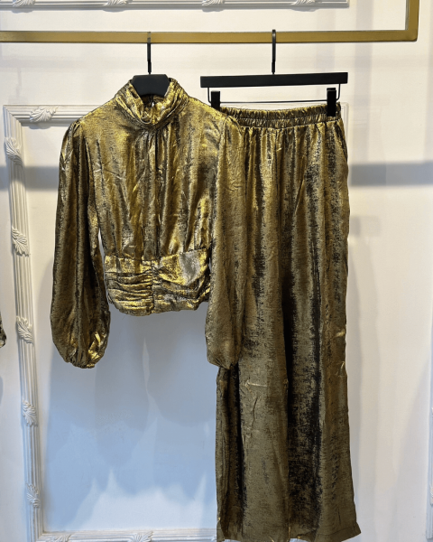 High Neck Metallic Cropped Blouse - Gold