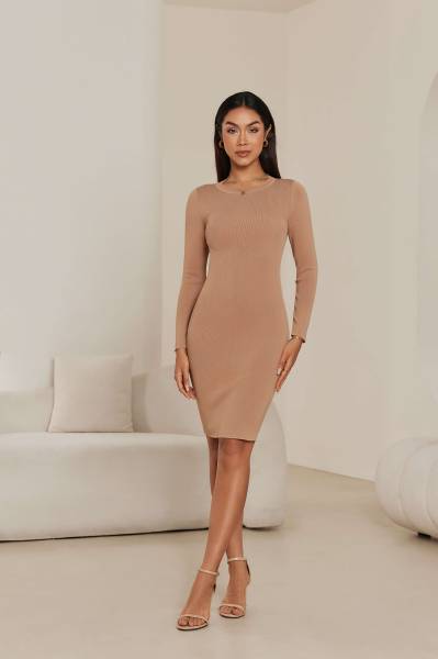 Plain Knit Dress - Beige