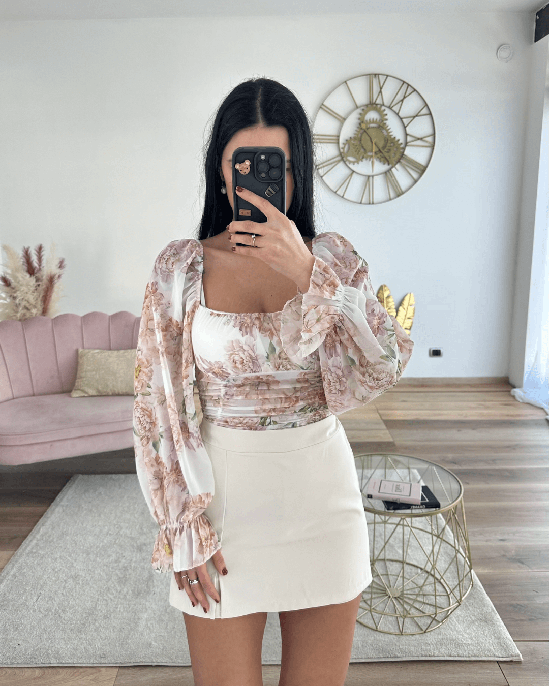 Floral Print Sheer Crop Top - White