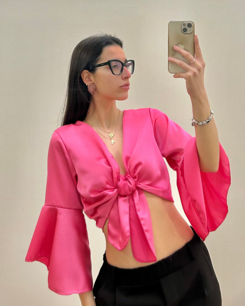 Satin Tie-Front Bell Sleeve Crop Top - Fuchsia